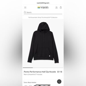 Vuori- Men’s  “Ponto Performance half-zip Hoodie” Black XXL